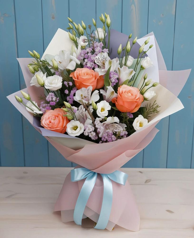 Букет цветов из: Лизиантусы, Розы, Альстромерии и Гипсофила в Невельске