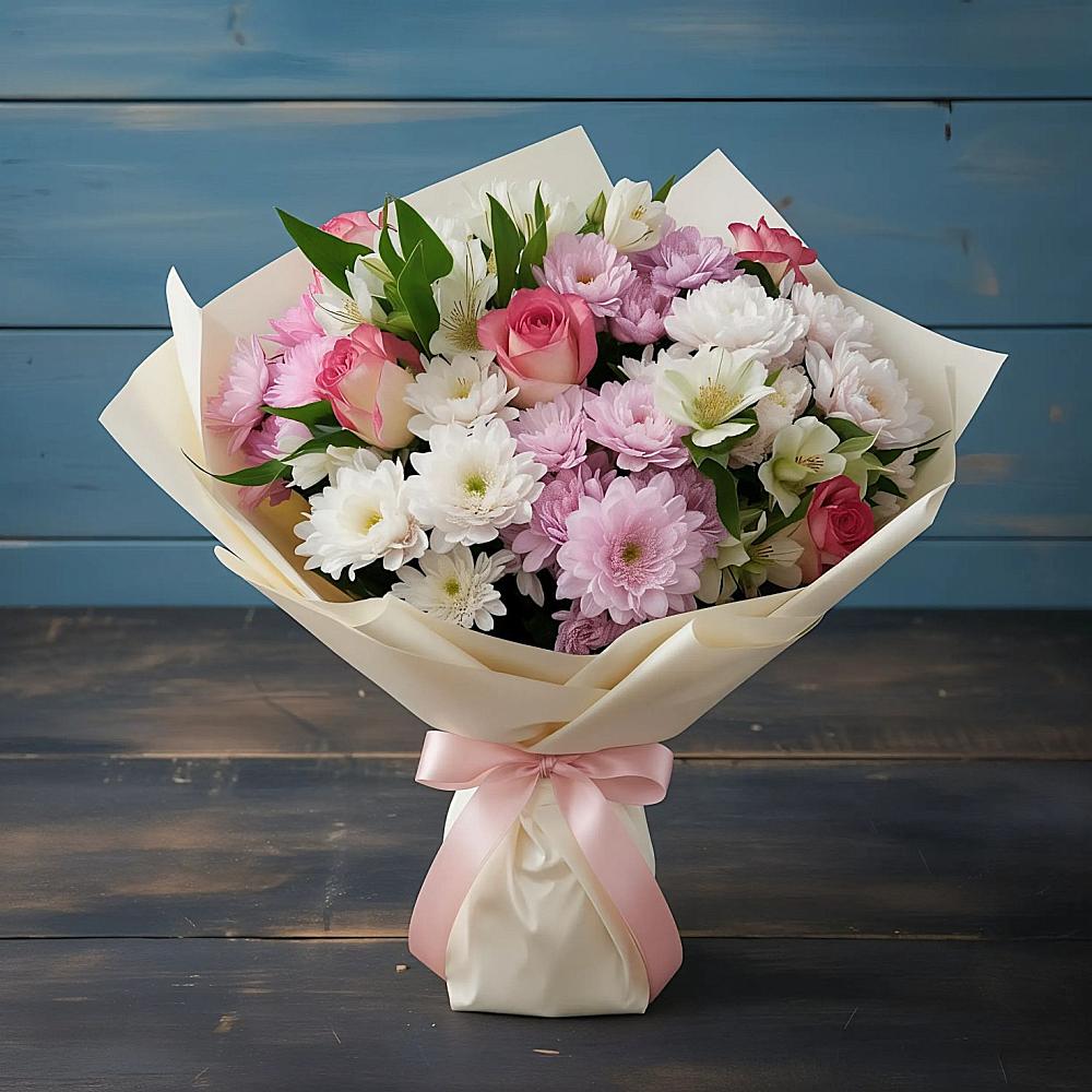 Букет цветов из: Хризантемы, Альстромерии и Розы в Невельске